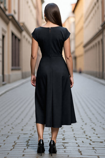 Black A Line Satin Cap Sleeves Midi V-Neck Work Dress